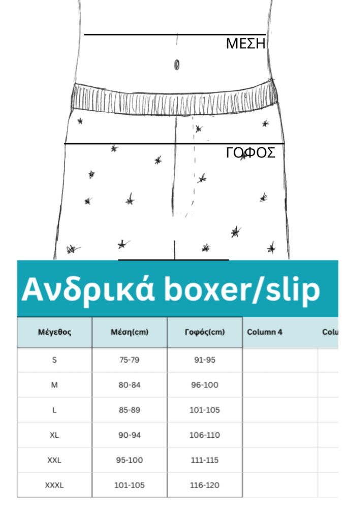 Πίνακας μεγεθών για ανδρικά boxer της εταιρείας Walk