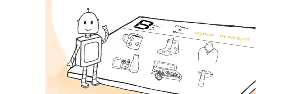 Cartoon robot Bling presenting jewelry and lifesryle products on Bling & Bow homepage