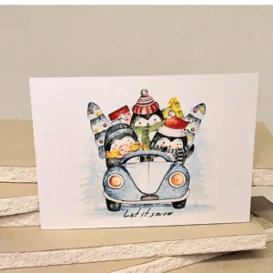 Καρτ ποστάλ με πιγκουινάκια σε αμάξι και γράφει let it snow